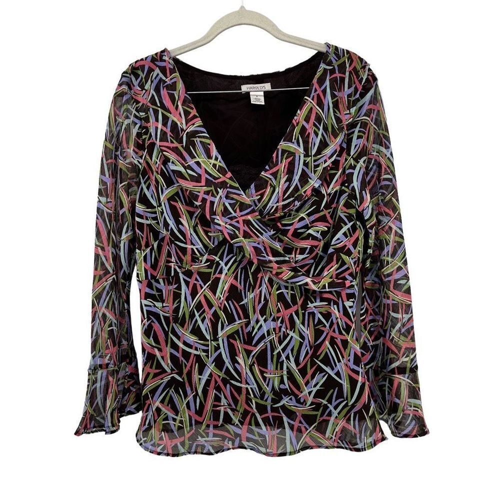 Harold's Silk Blouse Abstract Print Long‎ Sleeve Sheer Top Babydoll Y2K Size 8